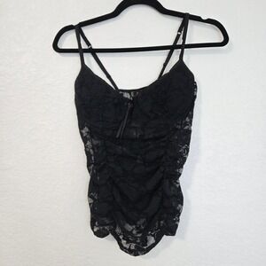 Victorias Secret Sexy Little Things Black Lace Ruched Camisole Top Heart Charm L